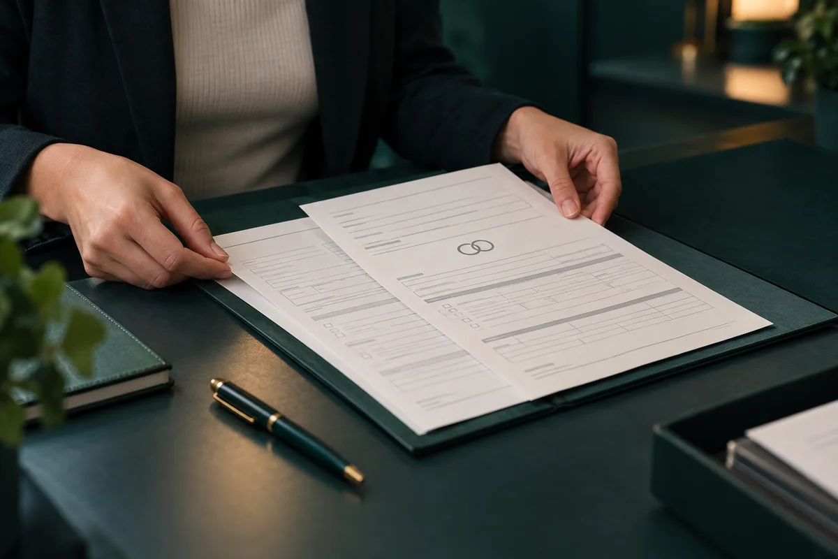 Organização de documentos de estado civil sobre uma mesa
