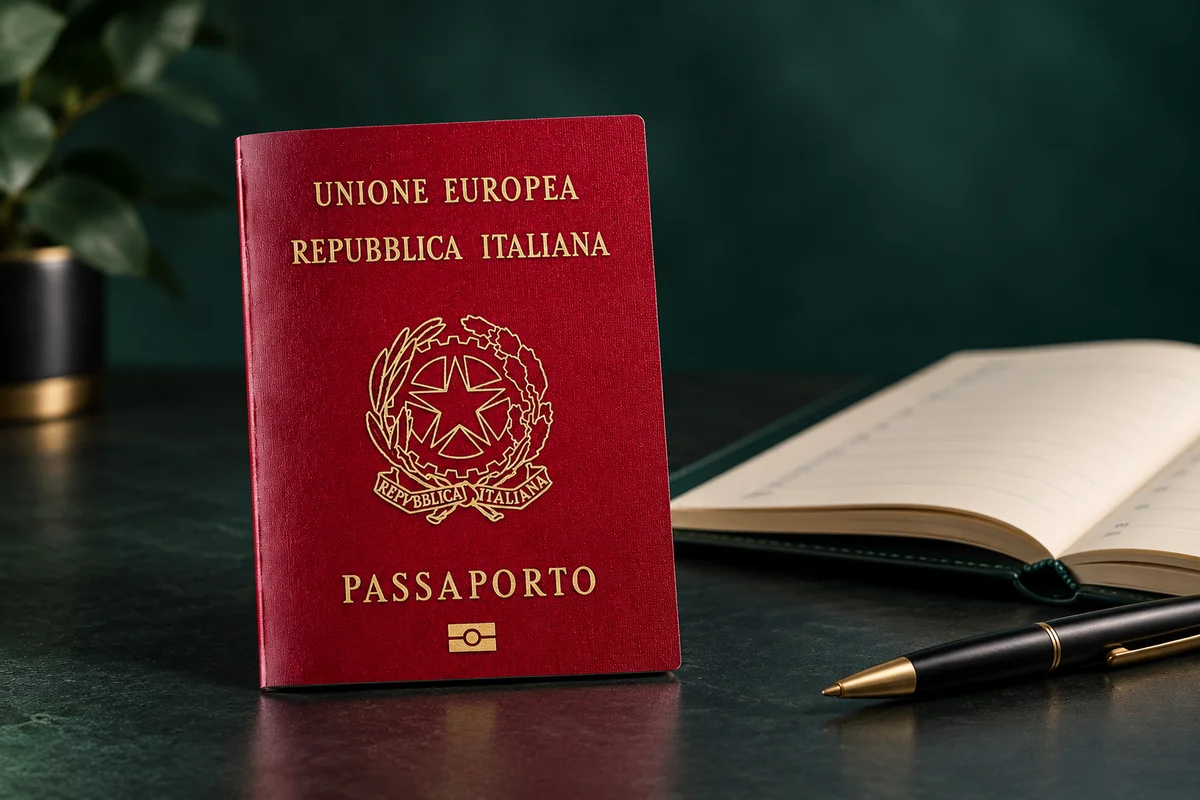 Passaporte italiano acompanhado de uma agenda