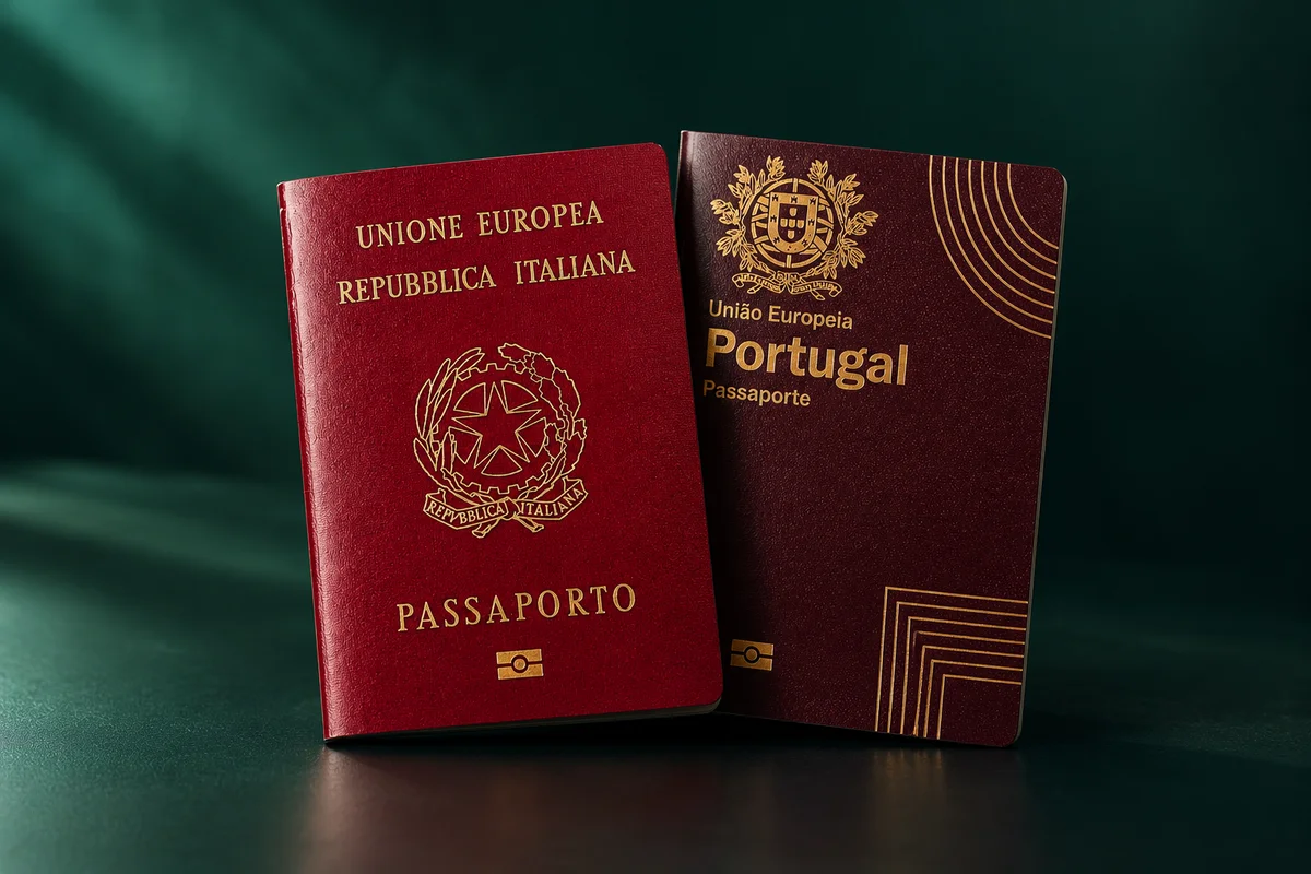 Passaportes italiano e português em uma composição verde