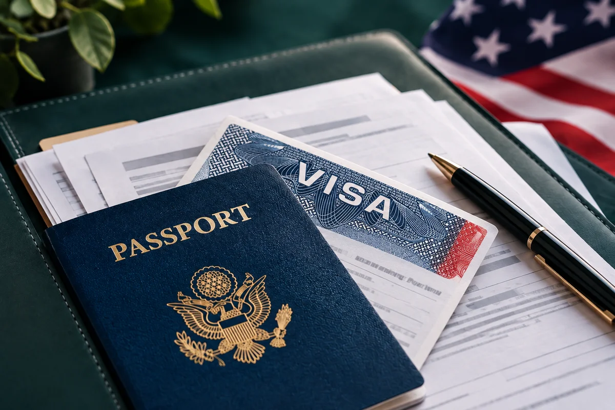 Composição ilustrativa de documentos para uma viagem aos Estados Unidos
